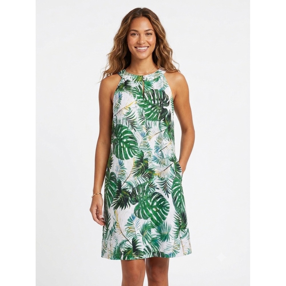 Tahari Womens 100% Linen Tropical Palm Leaf Print Halter Shift Dress Green Large